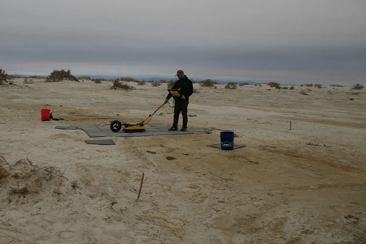 Researcher scanning the ground at an archaeological site