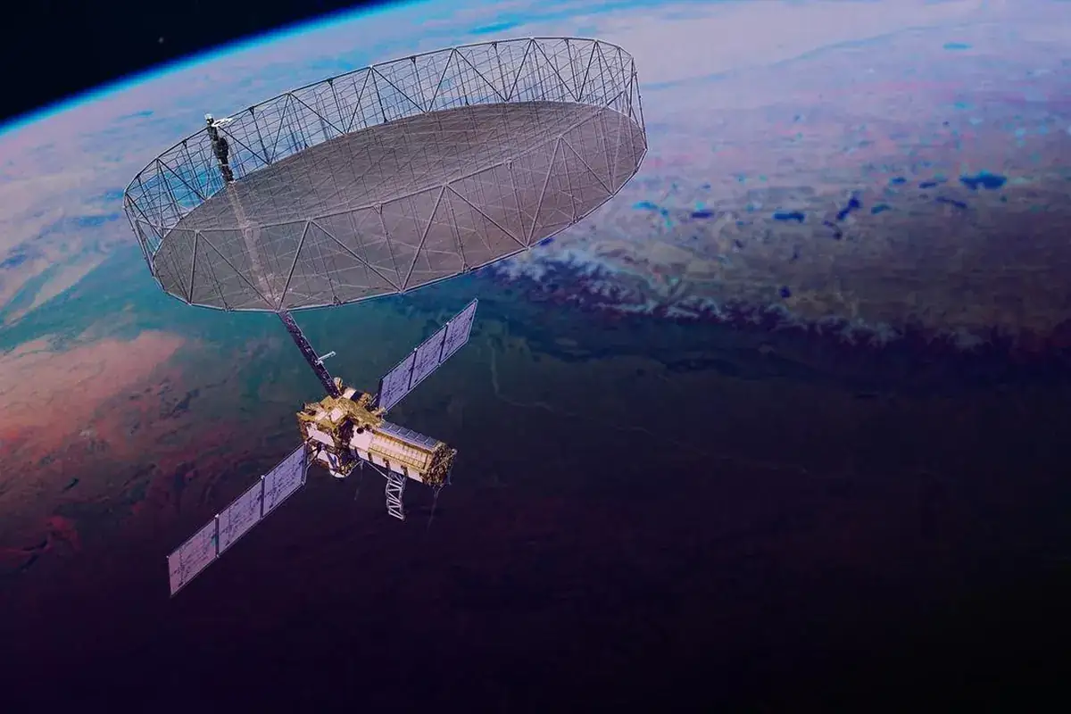 The NISAR radar satellite in orbit (artist's concept)